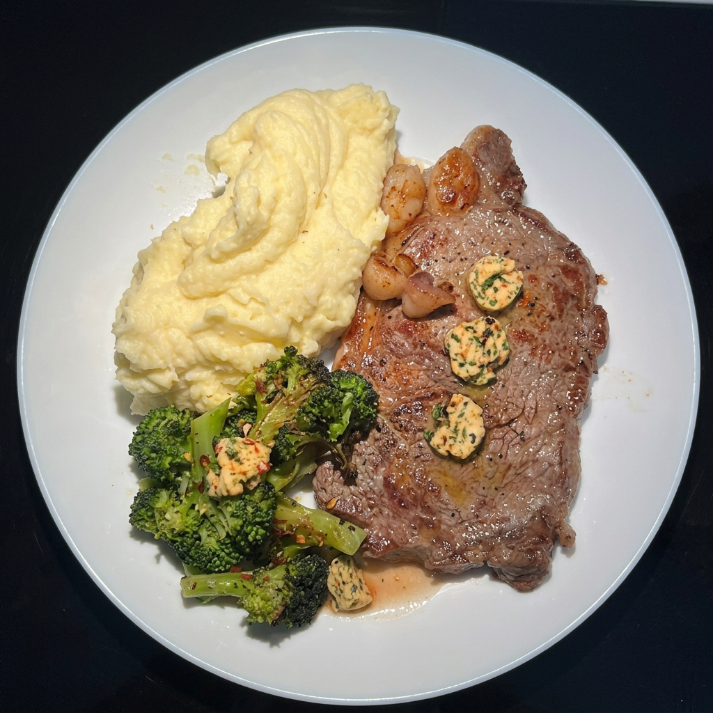 Foto do prato: carne, purê e brócolis